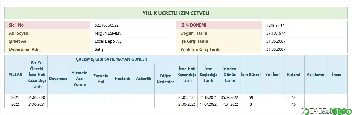 Formüller ile Yıllık İzin Takip Çizelgesi