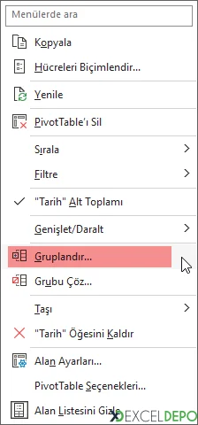 Özet Tablo Verilerini Gruplandırma ve Grubu Çözme