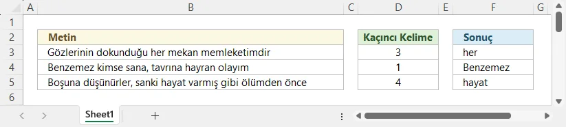 X Sıradaki Kelimeyi Formül ile Bulma