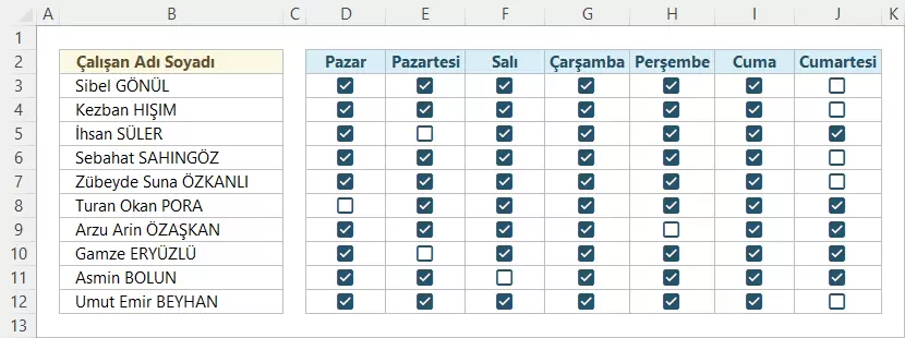 CheckBox ile Çalışma ve İzin Günlerini Listeleme