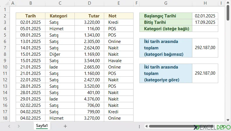 ÇOKETOPLA ile İki Tarih Arasında Toplama Yapma