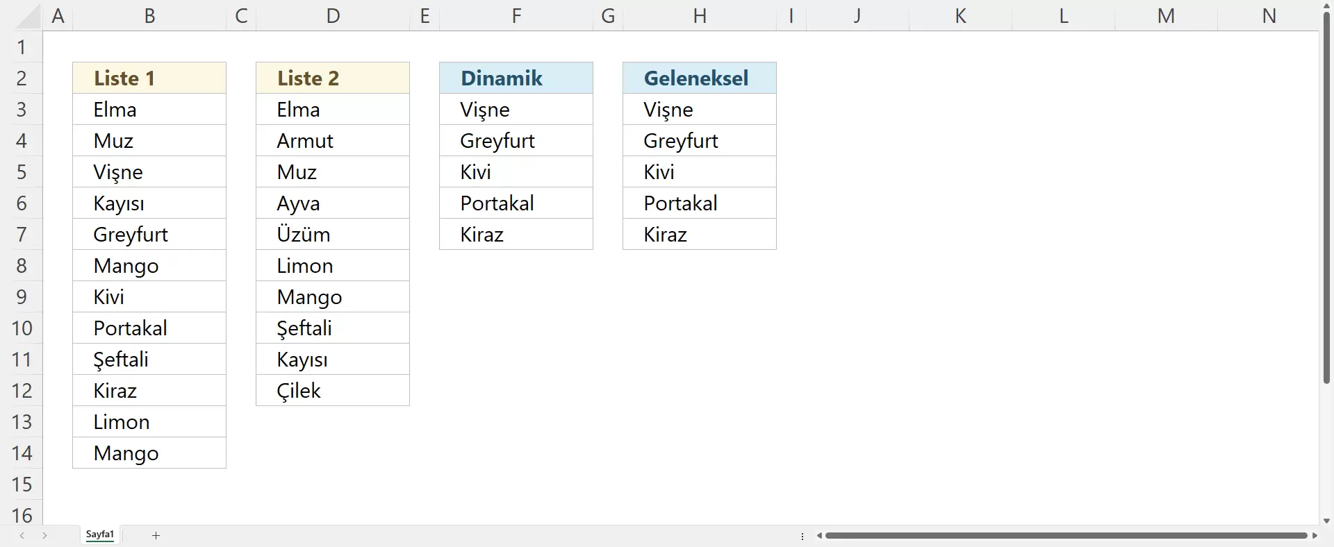 İki Ayrı Sütunda Eşleşmeyen Değerleri Bulma