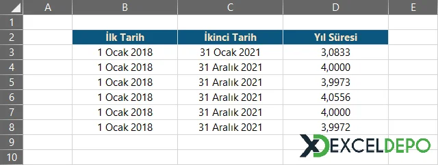 İki Tarih Arasındaki Süreyi Yıl Olarak Hesaplama